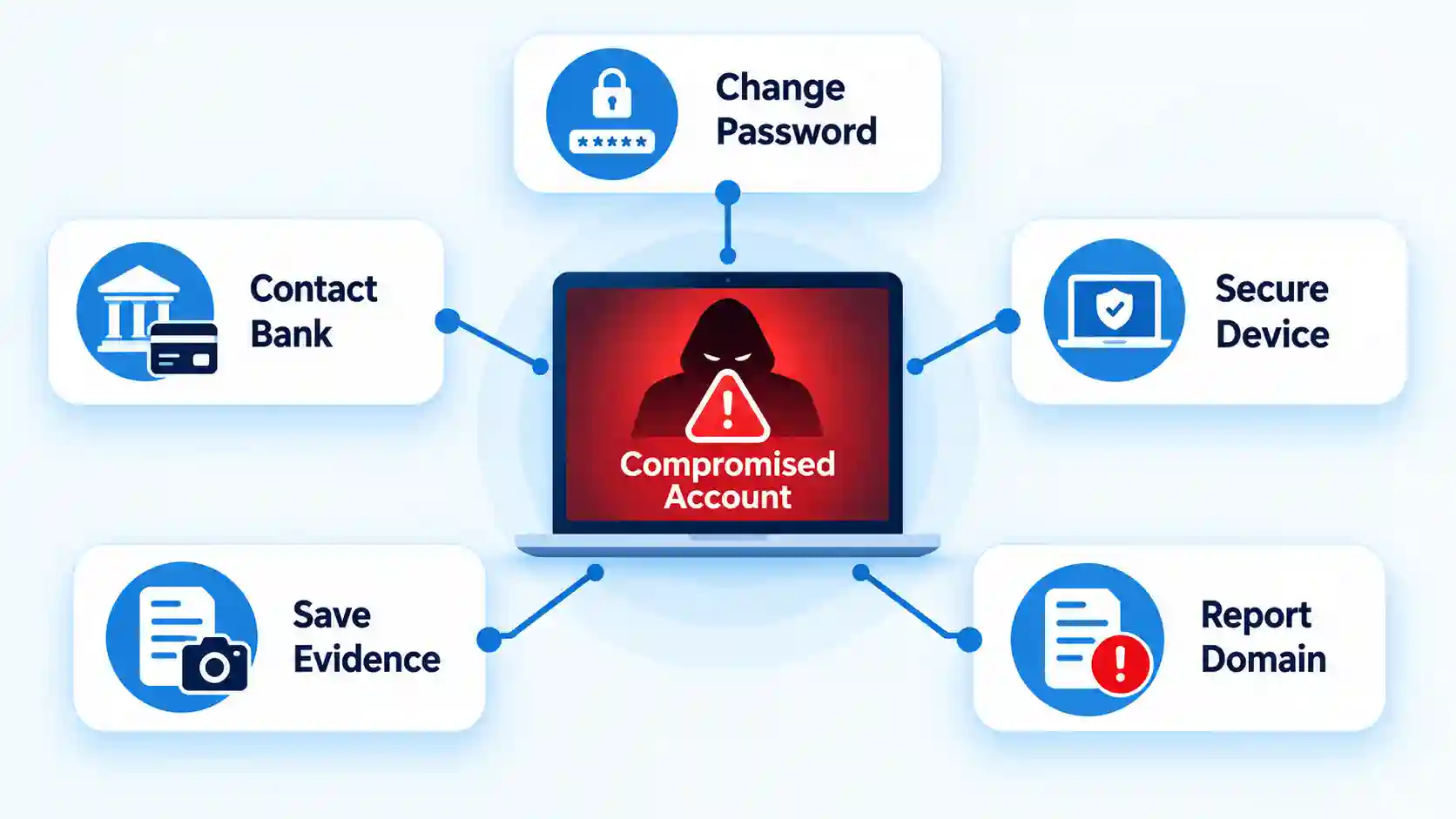 Compromised Account alert links to Change Password, Contact Bank, Secure Device, Save Evidence, and Report Domain.
