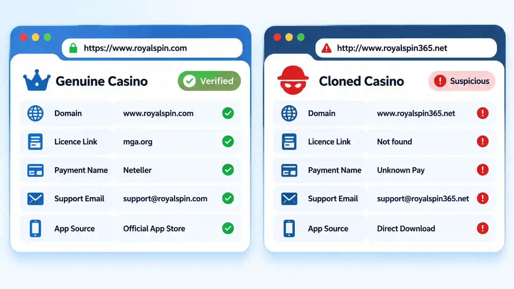Genuine Casino and Cloned Casino browser cards compare domain, licence, payment, email, and app source.