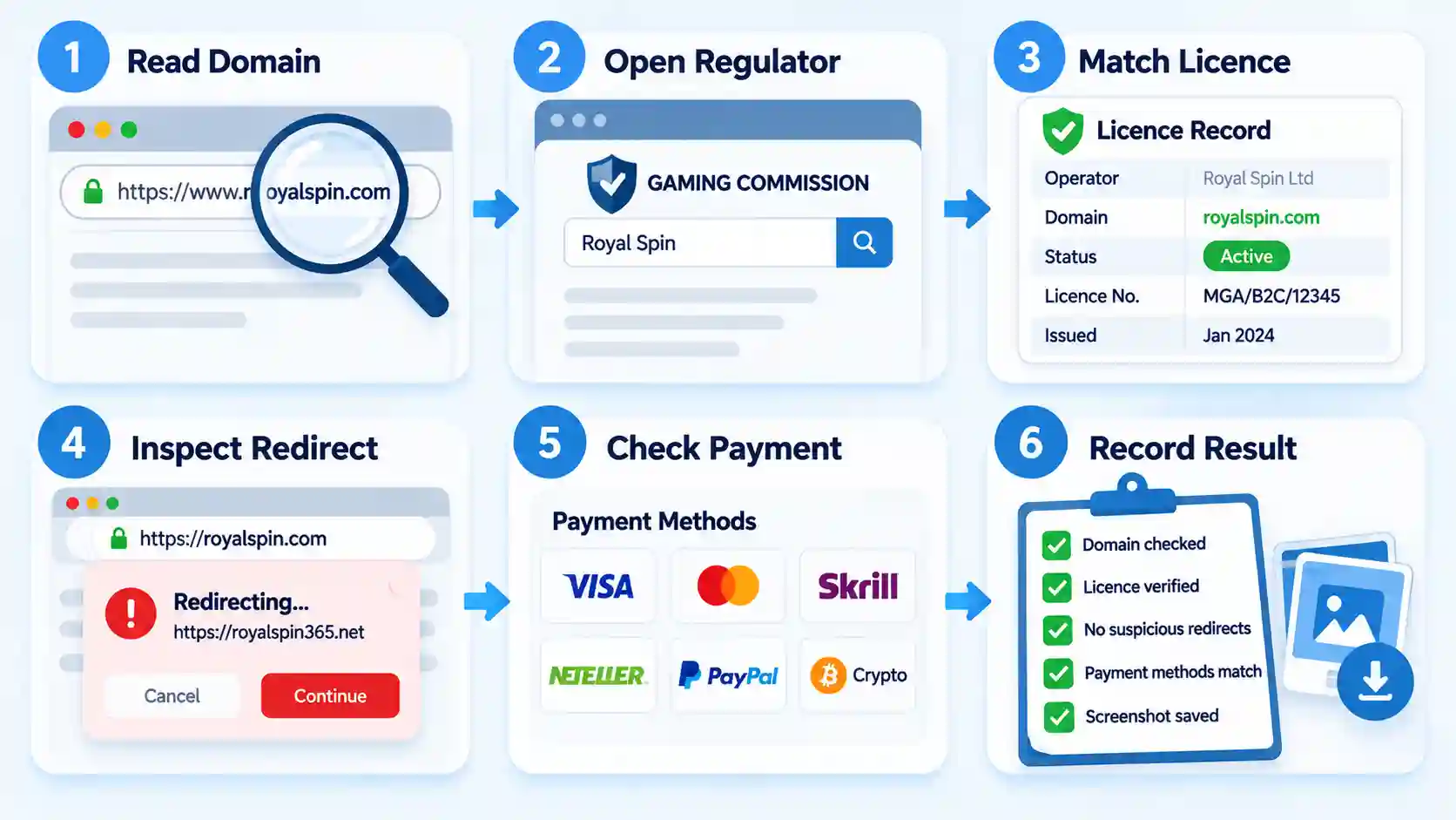 Six-step workflow shows Read Domain, Open Regulator, Match Licence, Inspect Redirect, Check Payment, and Record Result.