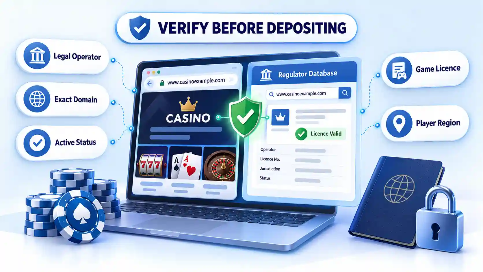 Casino site and regulator database comparison with five licence checks and a green verification shield.