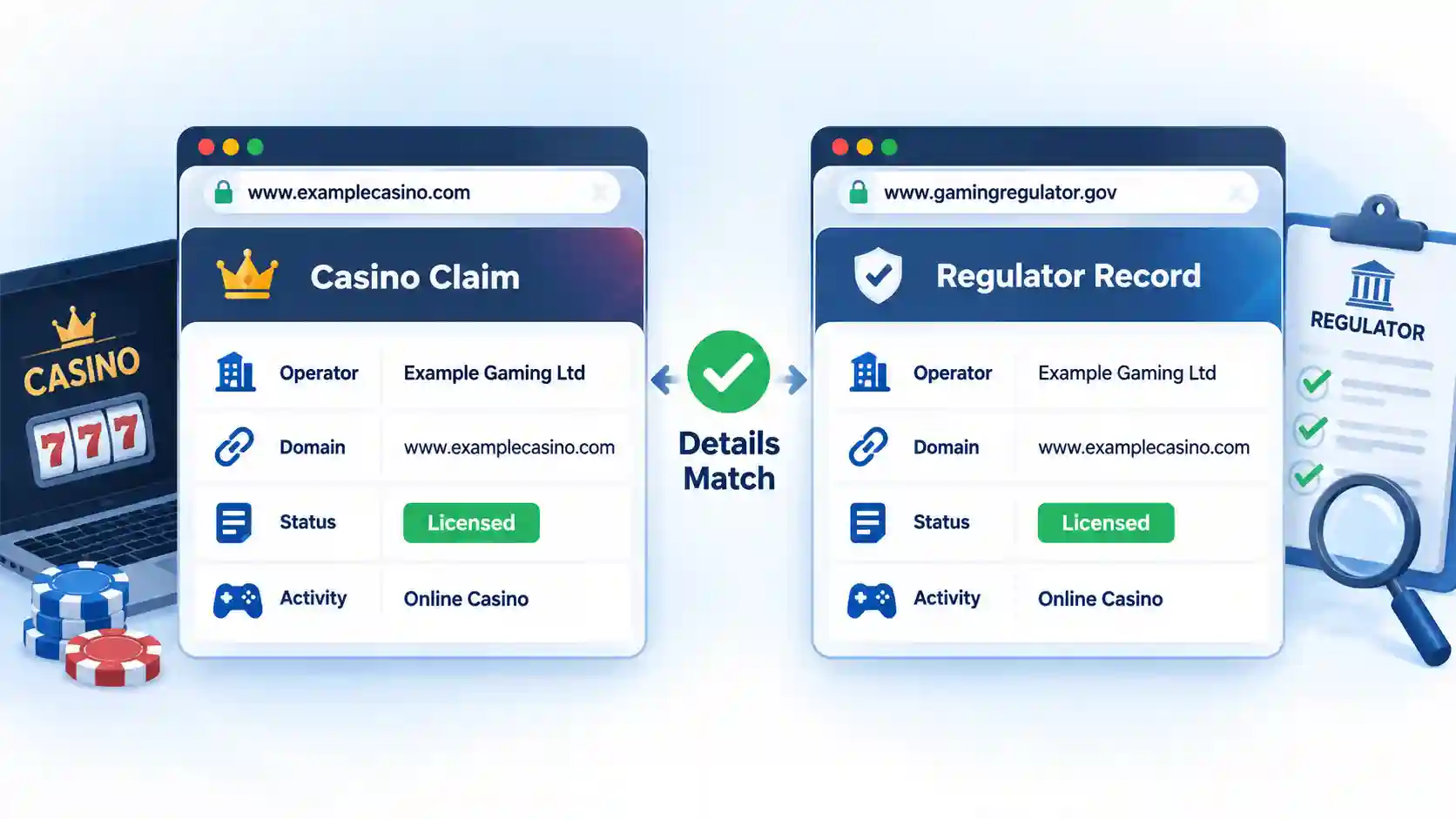 Casino Claim and Regulator Record browser cards compare operator, domain, status, and activity details.