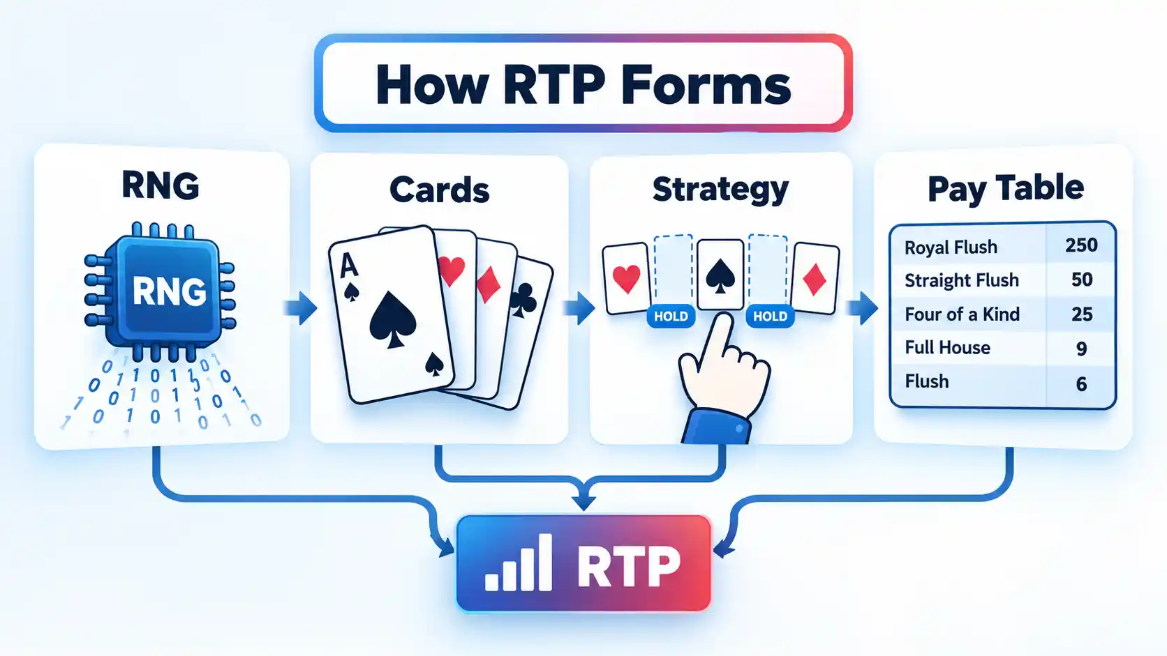Video poker flow linking RNG, Cards, Strategy and Pay Table to RTP under the How RTP Forms badge.