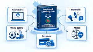 Bangladesh Gambling Law book linked to Account Use, Online Betting, Payments, Promotion, and Access cards.