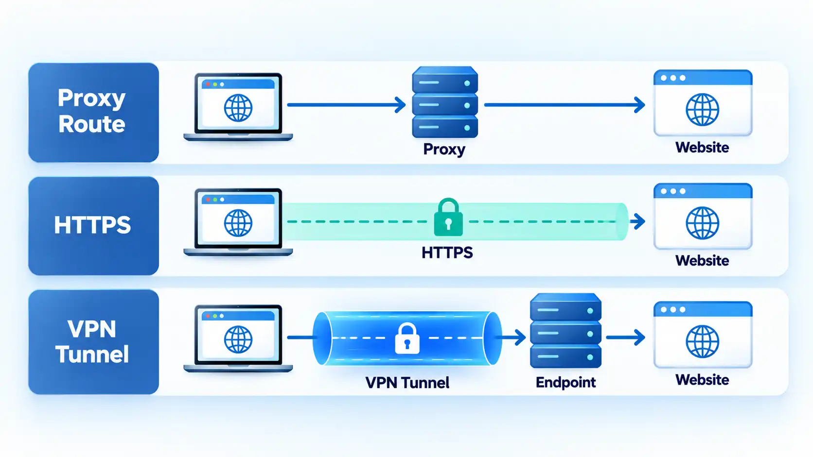 Three layers show Proxy Route, HTTPS encryption, and VPN Tunnel connecting through an Endpoint to a website.
