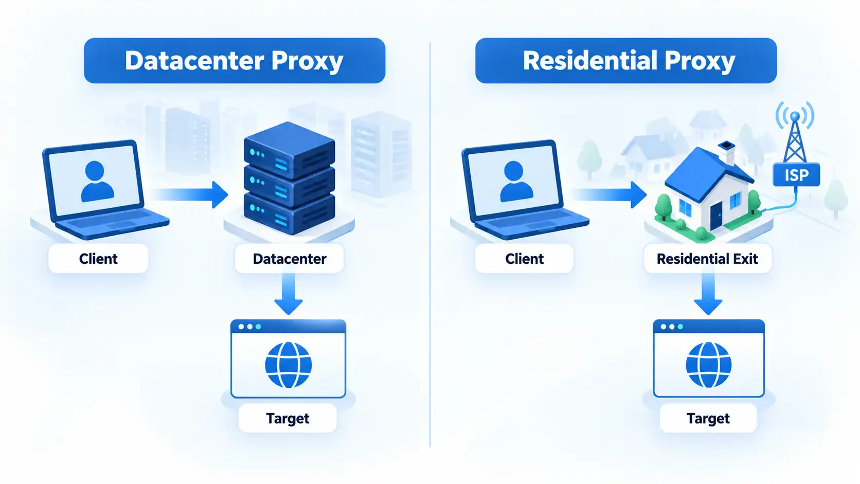 Client routes compared through a datacenter proxy or residential exit before reaching a target website.