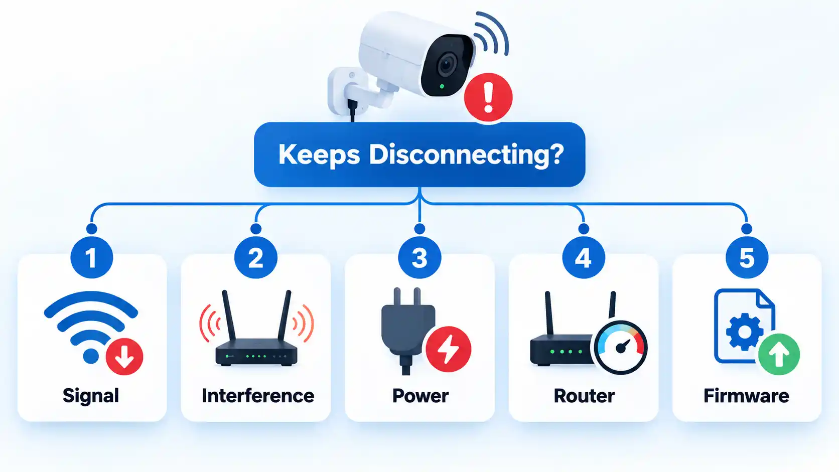 Disconnecting camera flow with numbered Signal, Interference, Power, Router, and Firmware checks.