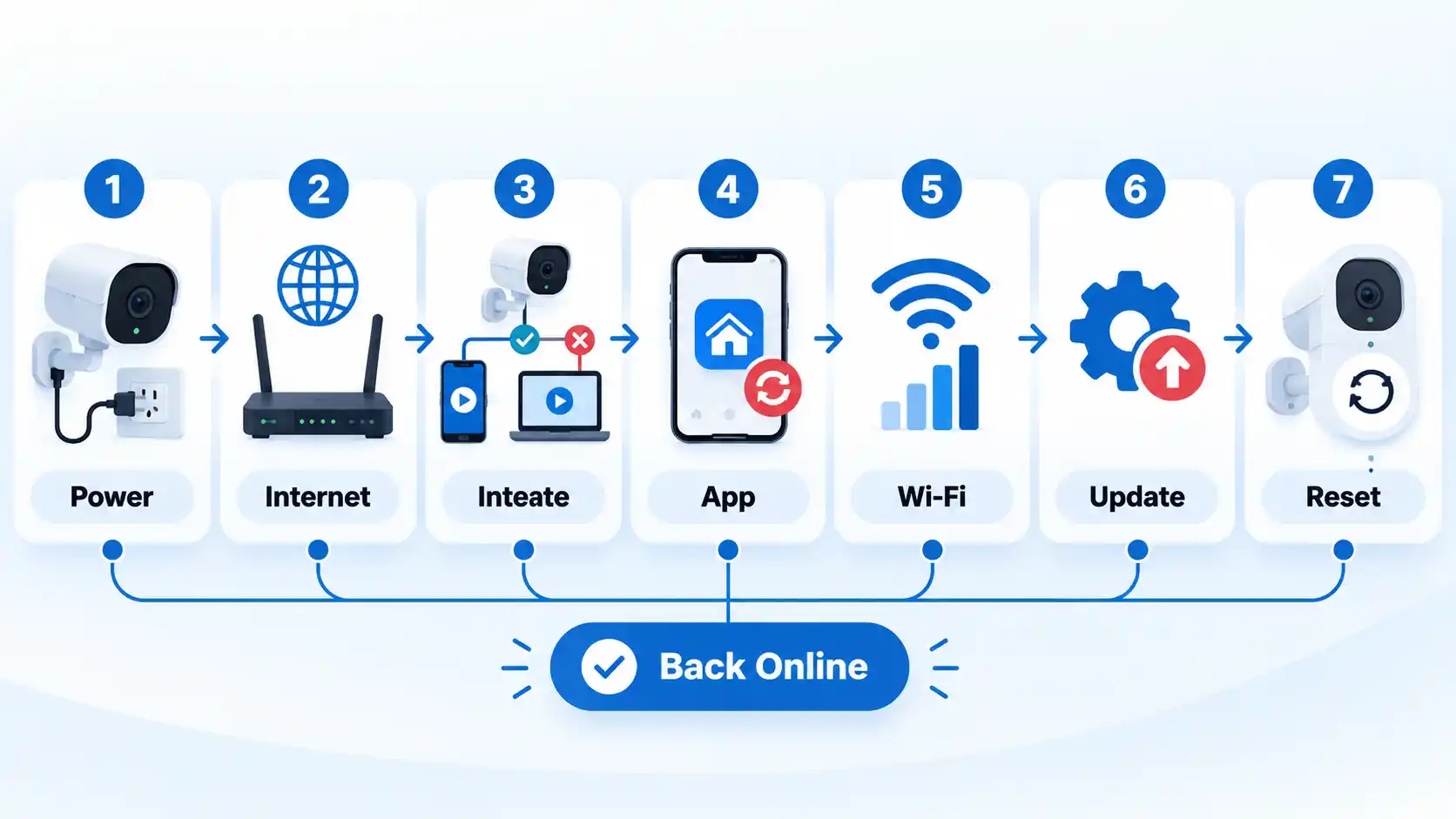 Seven-step camera troubleshooting flow covering Power, Internet, App, Wi-Fi, Update, and Reset checks.