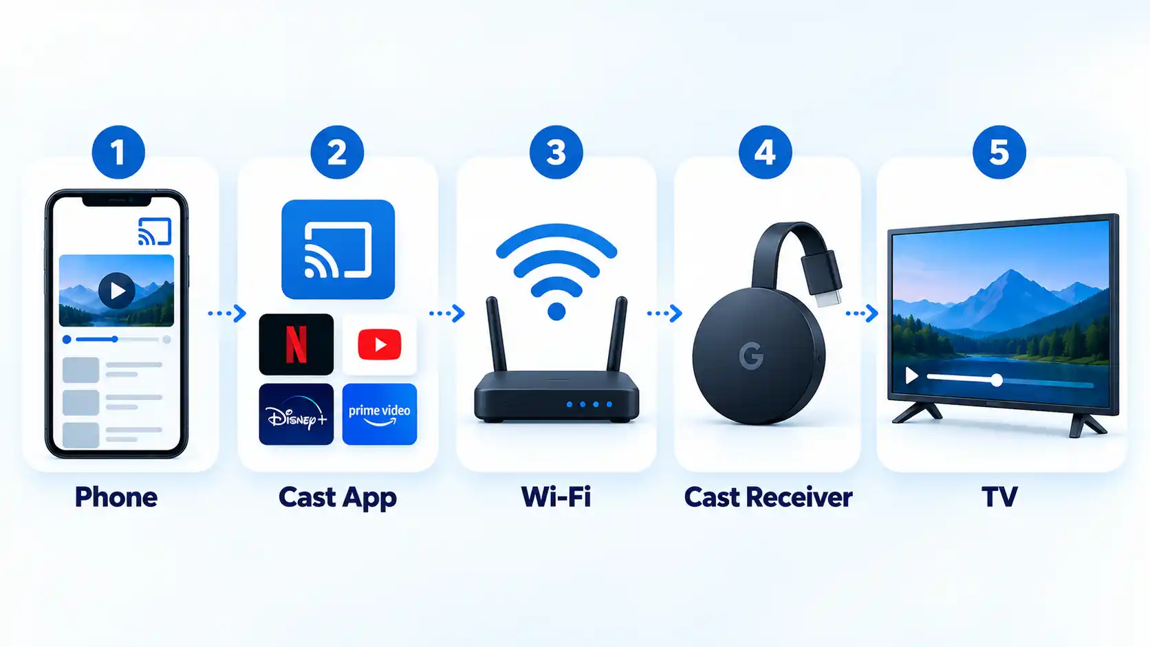 Five numbered cards show Phone, Cast App, Wi-Fi, Cast Receiver and TV in a casting playback sequence.
