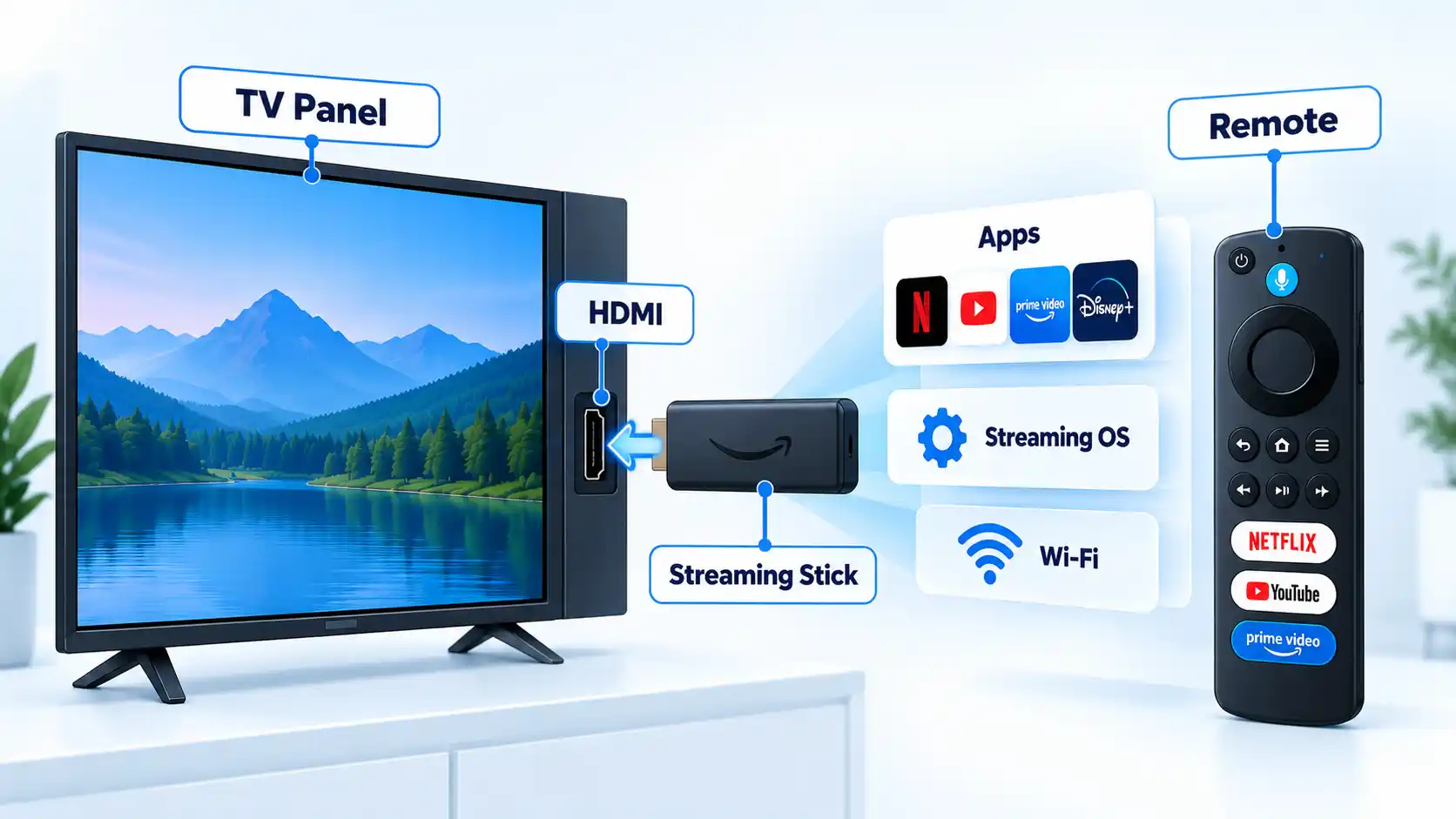 TV Panel connects by HDMI to a Streaming Stick, with Apps, Streaming OS, Wi-Fi and Remote layers.