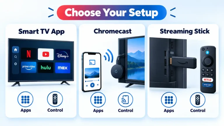 Three cards compare Smart TV App, Chromecast and Streaming Stick setups with Apps and Control labels.