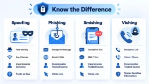 Four cards compare Spoofing, Phishing, Smishing, and Vishing under a Know the Difference banner.