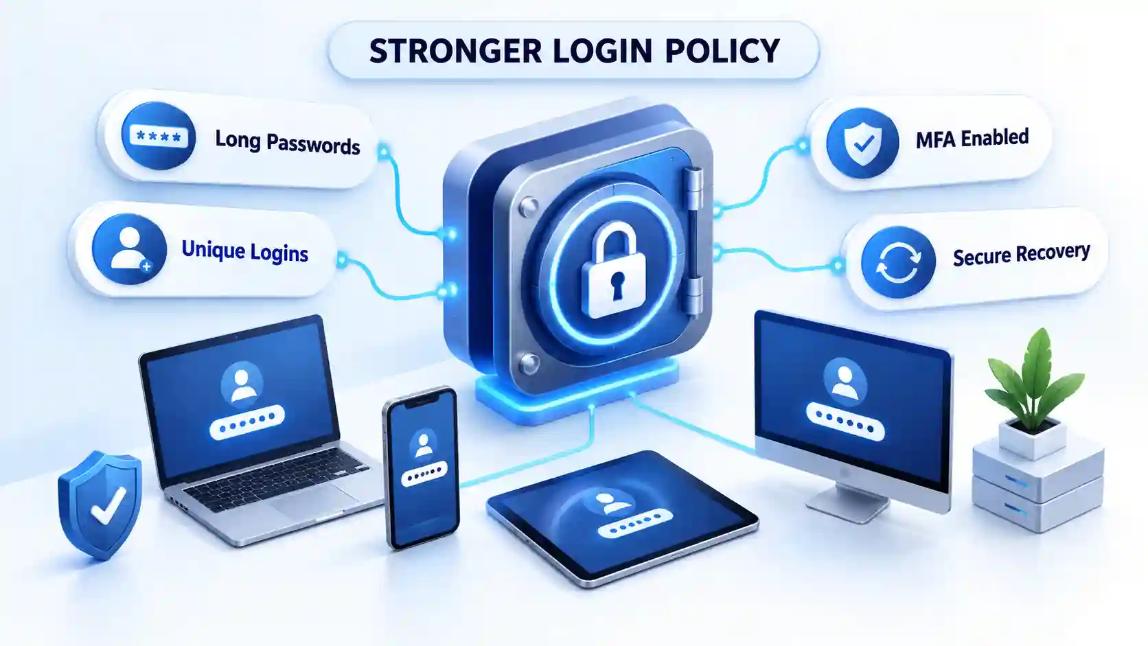 Isometric password vault linked to devices and Long Passwords, Unique Logins, MFA Enabled, and Secure