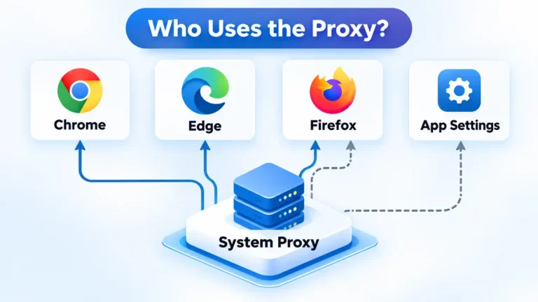 System Proxy connects to Chrome, Edge and Firefox, while App Settings follows a separate dashed path.