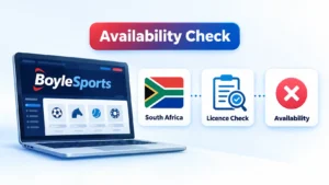 BoyleSports panel linked to South Africa, Licence Check and an unavailable status.