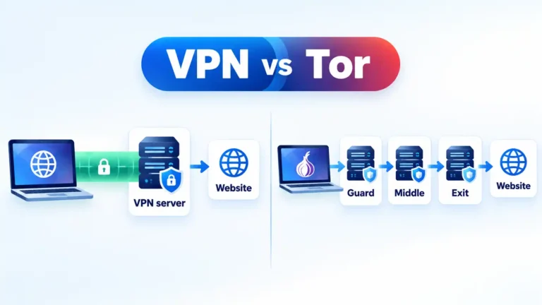 VPN vs Tor comparison showing a VPN server path and Tor traffic through Guard, Middle, and Exit relays.