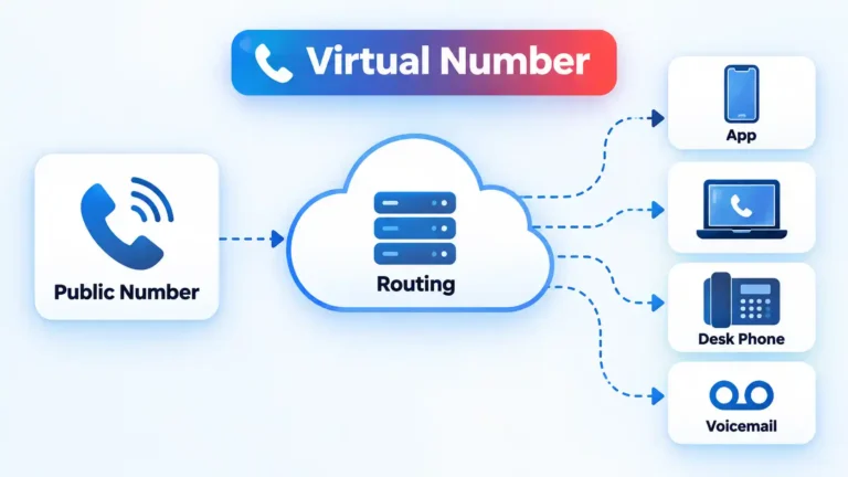 Virtual Number flow connects Public Number through Routing to App, laptop, Desk Phone and Voicemail.