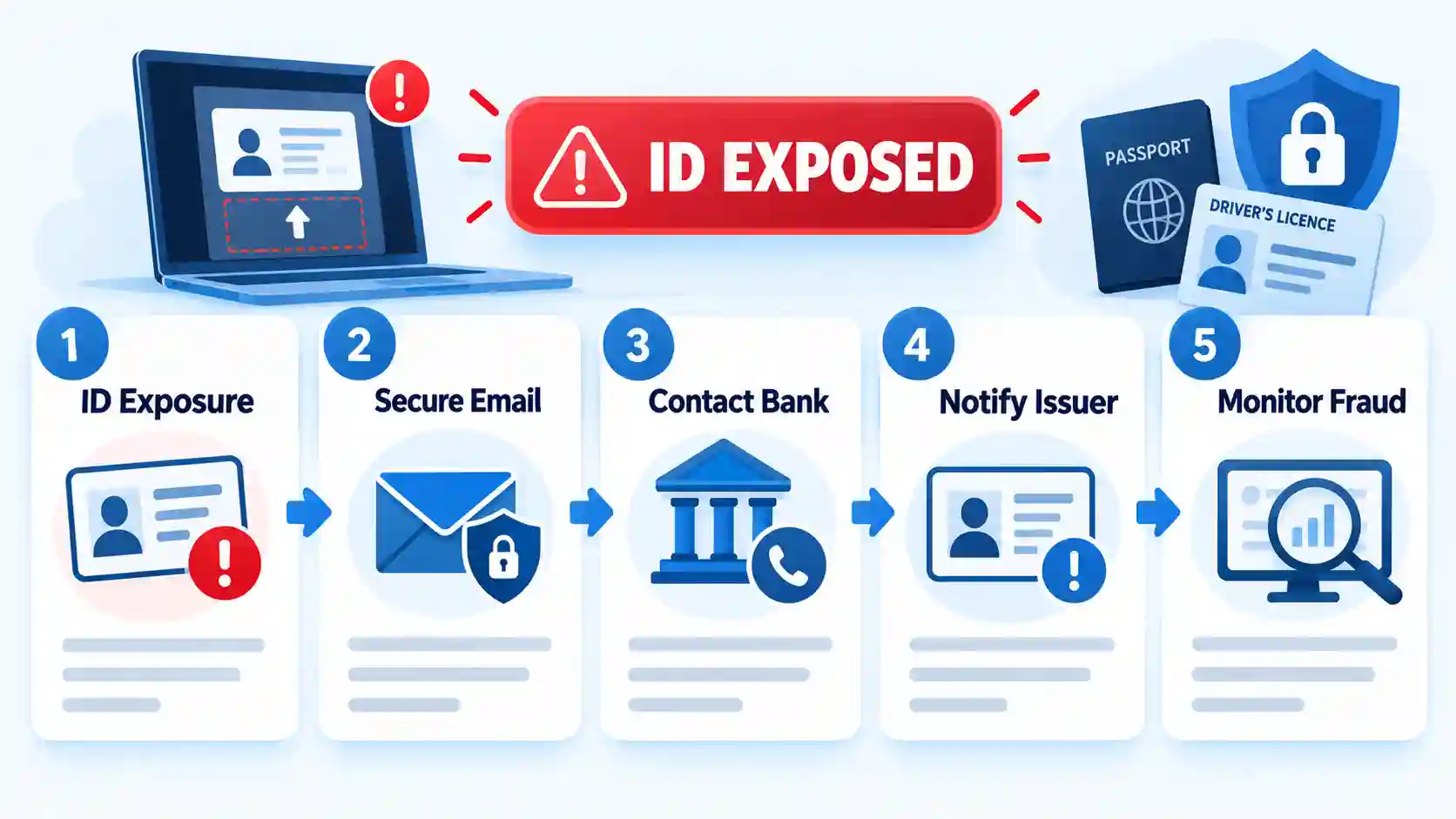 ID EXPOSED alert above five steps: ID Exposure, Secure Email, Contact Bank, Notify Issuer, and Monitor Fraud.