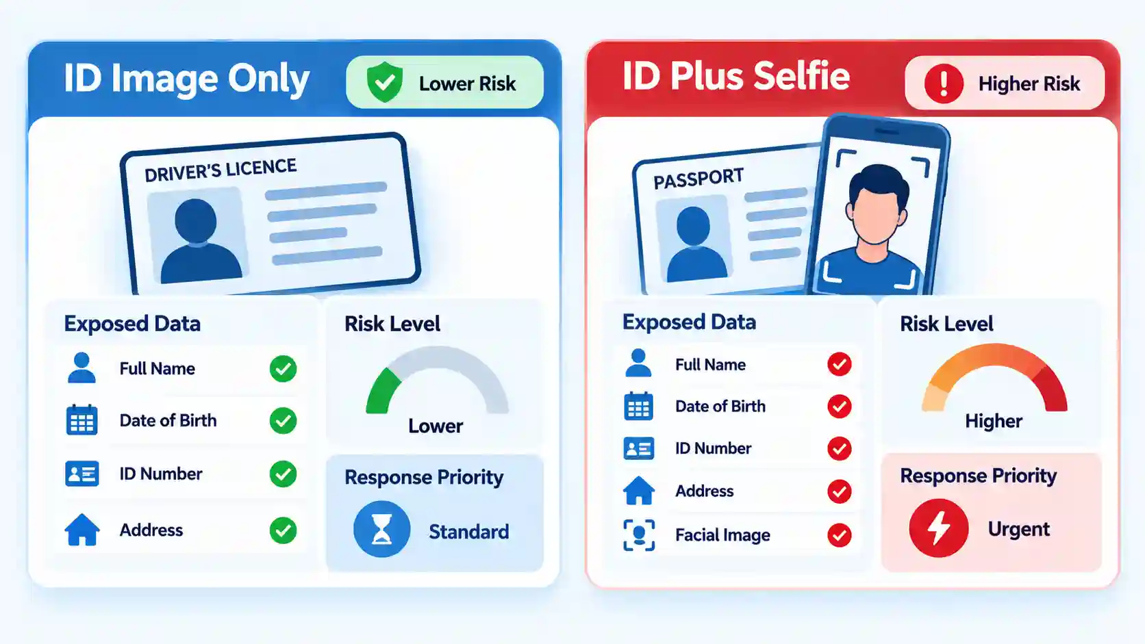 ID Image Only and ID Plus Selfie cards compare exposed data, risk levels, and response priorities.