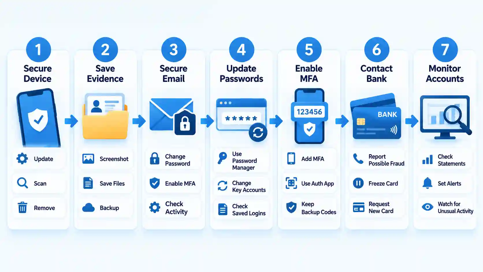 Seven-step response flow covers device security, evidence, email, passwords, MFA, bank contact, and account monitoring.