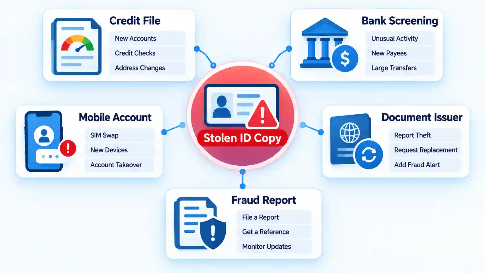 Stolen ID Copy connects to Credit File, Bank Screening, Mobile Account, Document Issuer, and Fraud Report.
