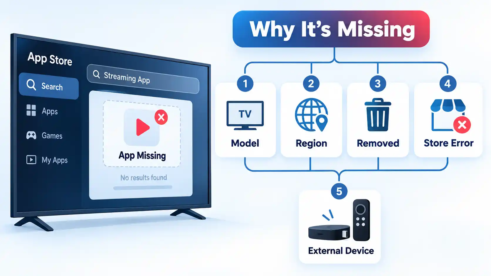 Smart TV with App Missing screen branching to Model, Region, Removed, Store Error, and External Device.