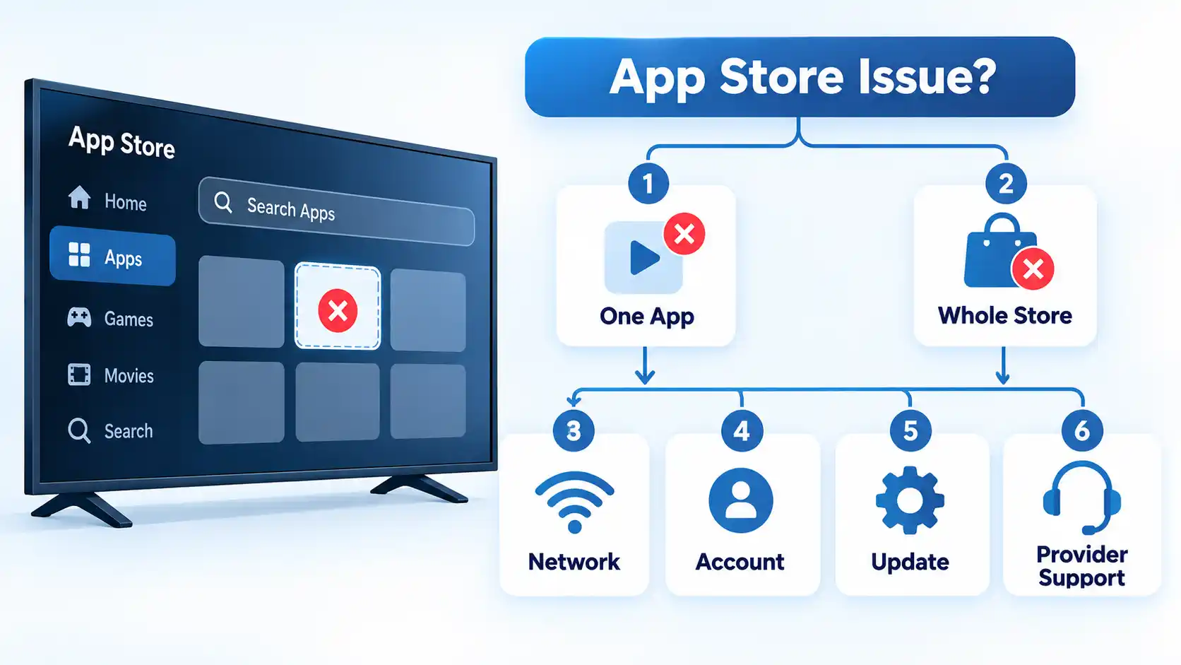 Smart TV app store flowchart branching from One App and Whole Store to Network, Account, Update, and Provider Support.