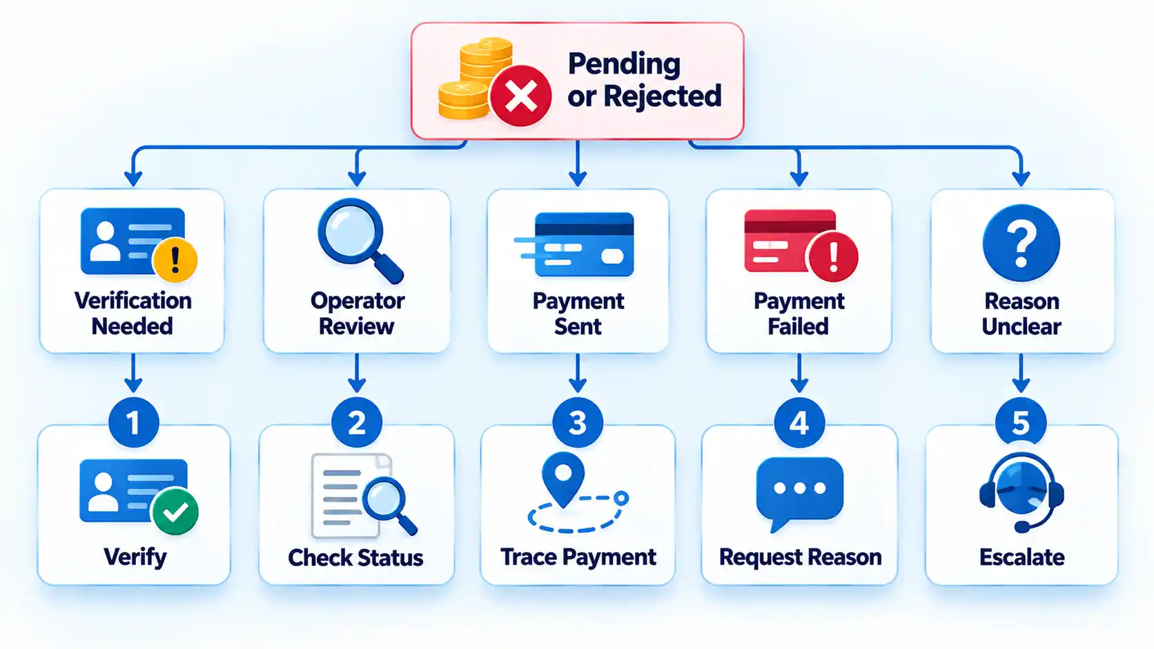 Pending or Rejected withdrawal tree with Verify, Check Status, Trace Payment, Request Reason, and Escalate actions.