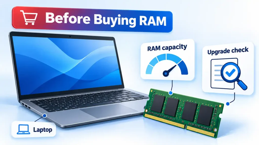 Laptop and RAM module with RAM capacity gauge, Upgrade check card, and Before Buying RAM banner.