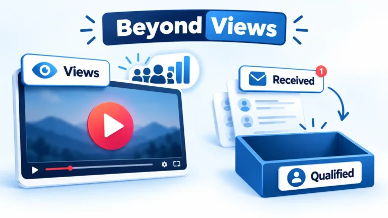 Video player with Views badge beside Received enquiries and an empty Qualified tray under a Beyond Views banner.