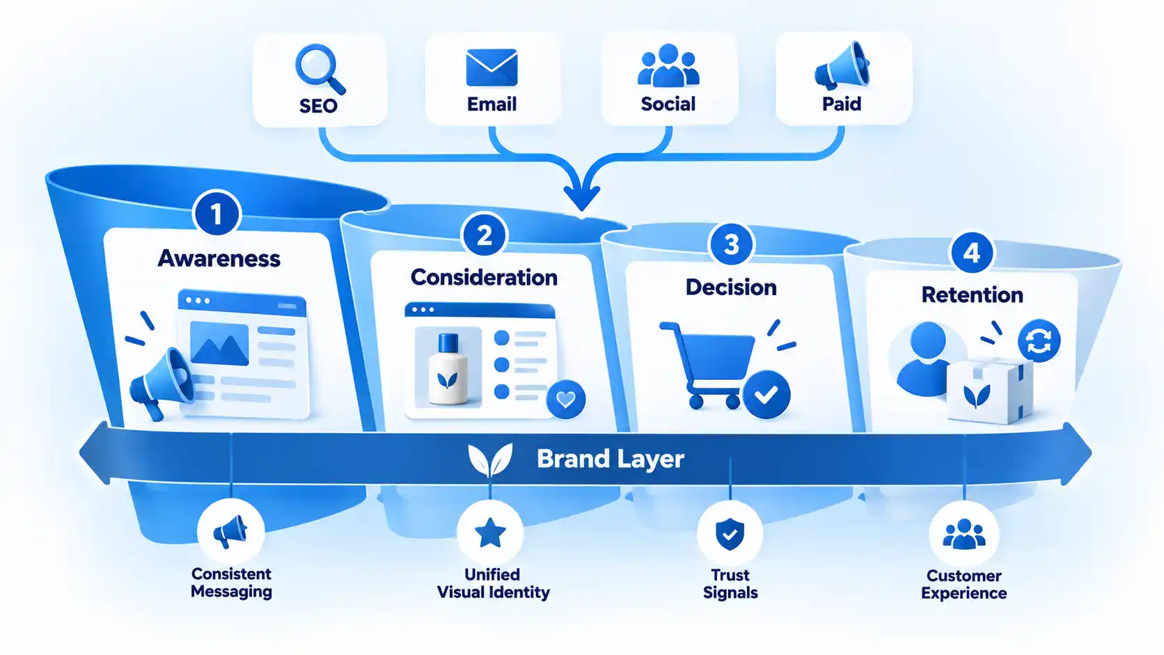 E-commerce funnel showing Awareness, Consideration, Decision, Retention, and a connecting Brand Layer.
