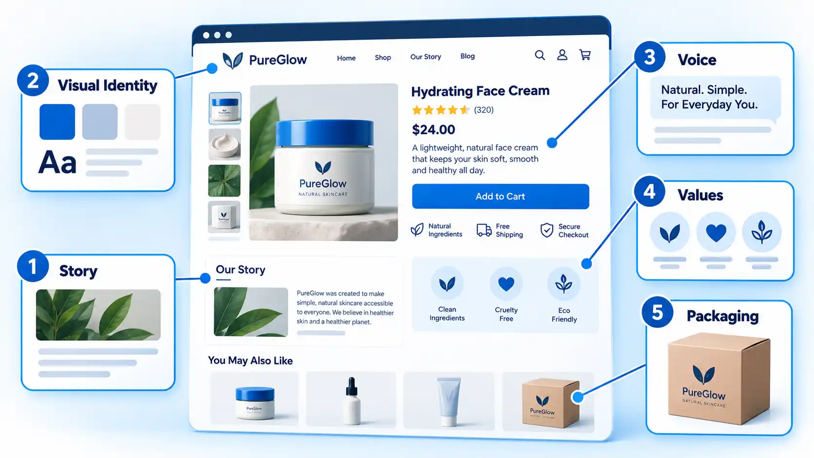Product page annotated with five branding elements: Story, Visual Identity, Voice, Values, and Packaging.