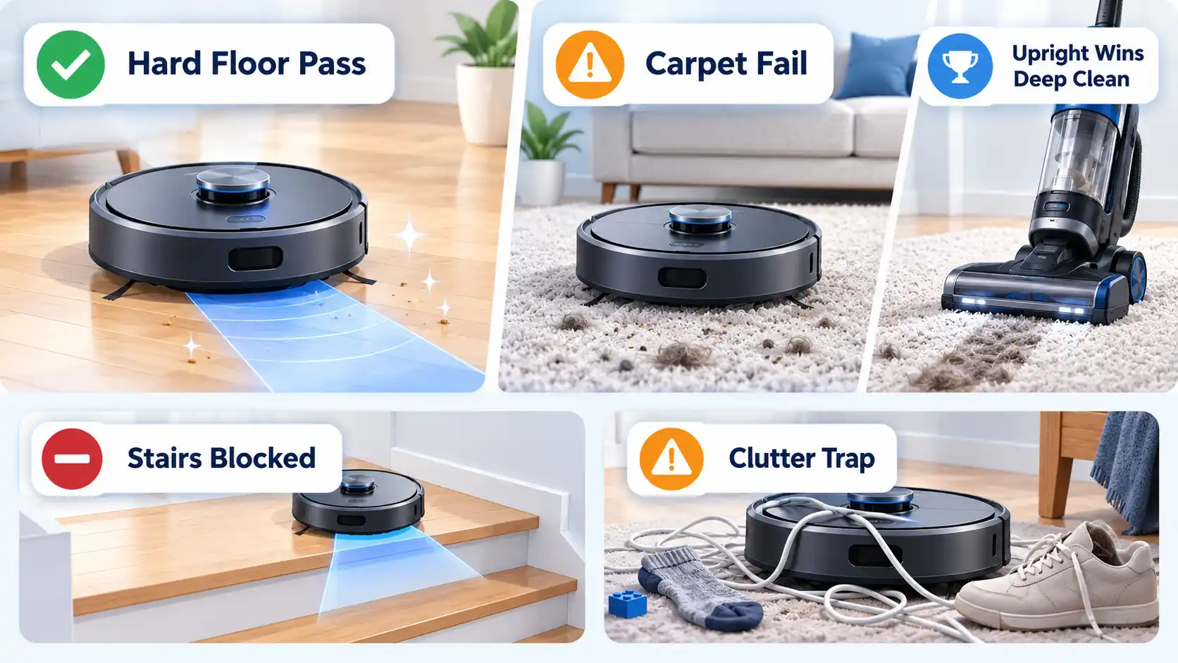 Robot vacuum cleaning comparison showing effective hard floor cleaning, poor high-pile carpet performance, superior upright vacuum cleaning, and obstacles like stairs and clutter.