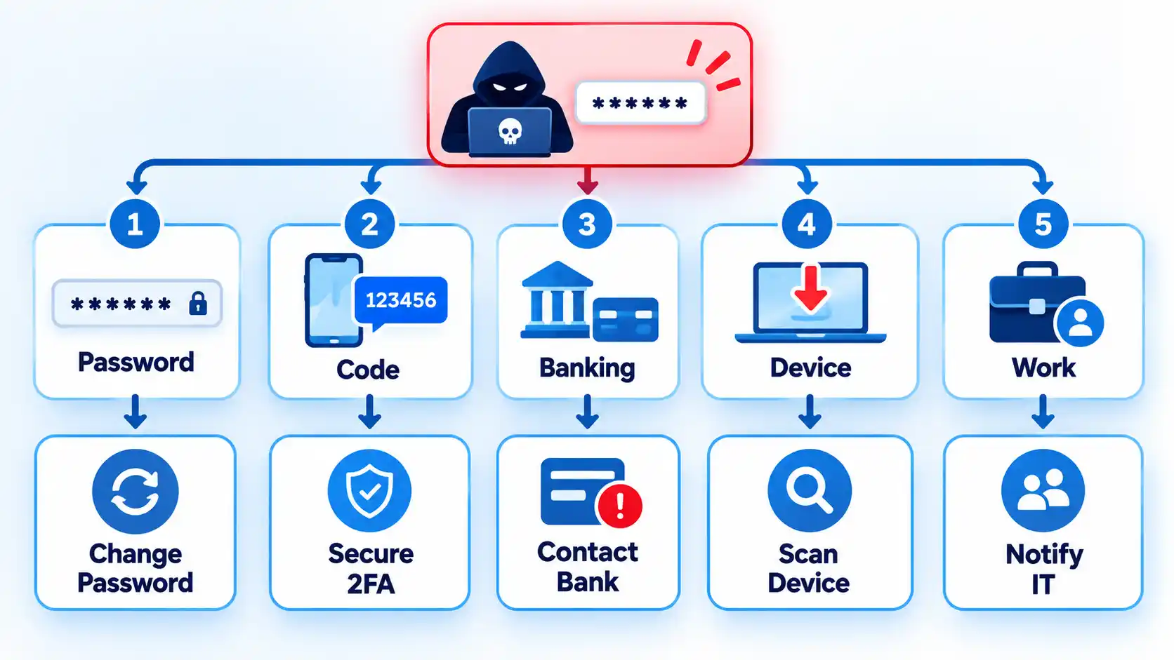 Numbered phishing response flow links Password, Code, Banking, Device, and Work exposures to first actions.