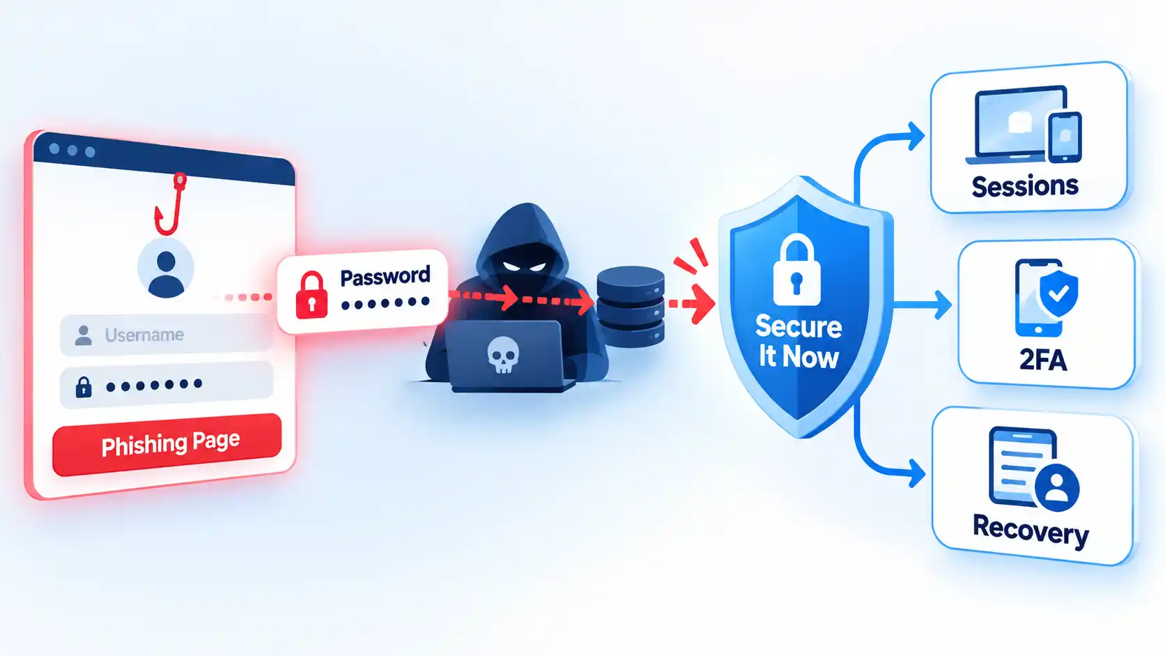 Phishing page sends a stolen password toward an attacker, with Sessions, 2FA, and Recovery defenses.
