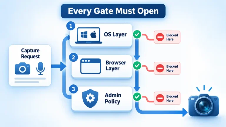 Vertical permission stack showing Capture Request, OS Layer, Browser Layer, and Admin Policy with open and blocked paths.