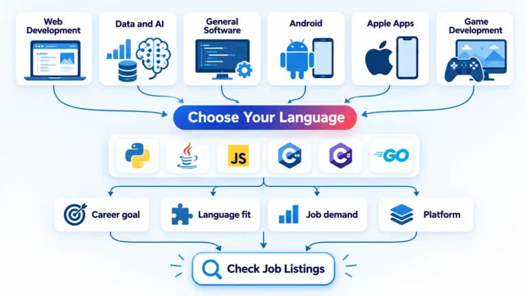 Career goal cards feed into programming language choices, selection criteria, and a Check Job Listings filter.