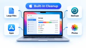 Mac laptop showing Storage with Large Files, Apps, Backups, and Photos cards around it.