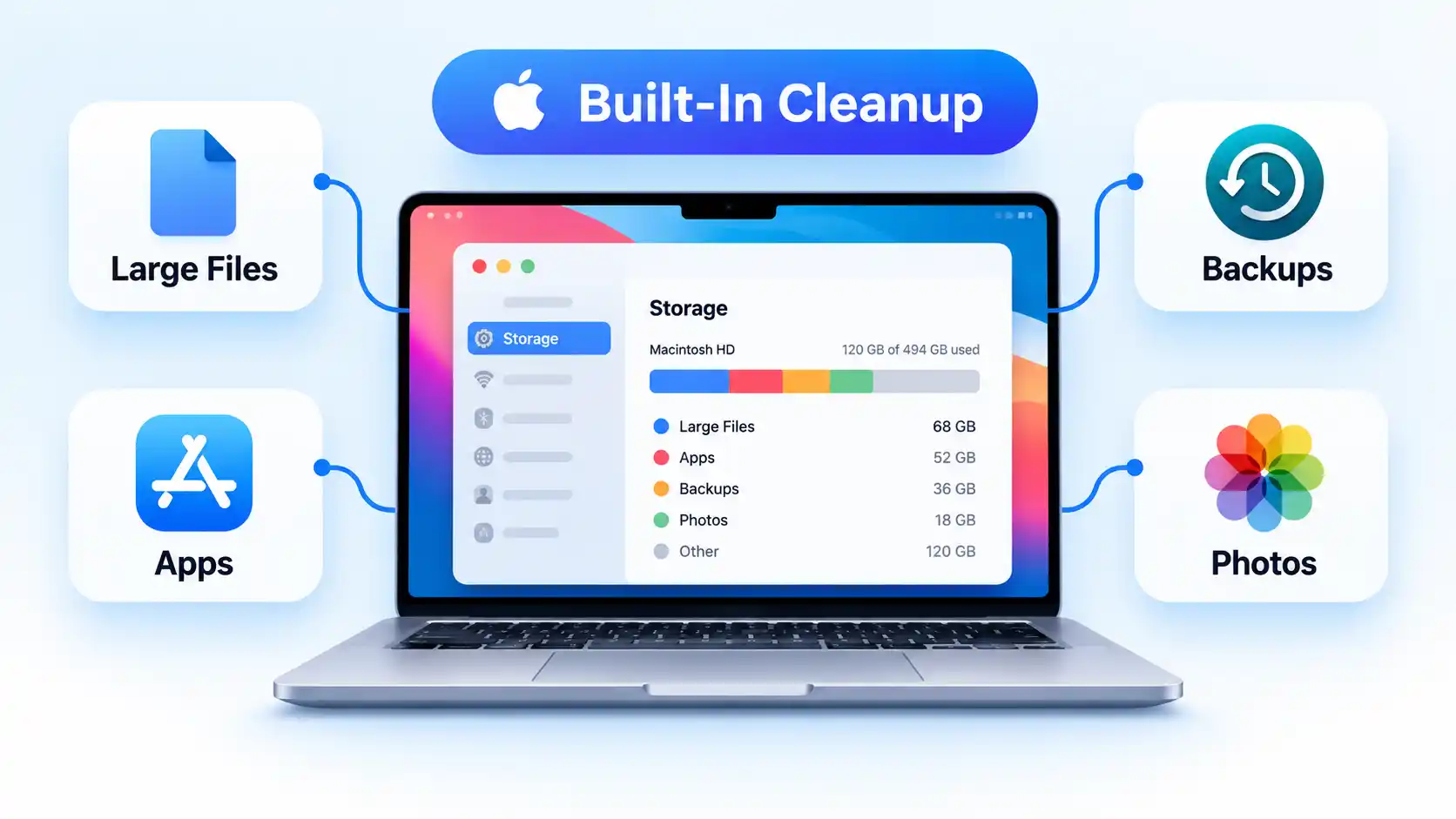 Mac laptop showing Storage with Large Files, Apps, Backups, and Photos cards around it.