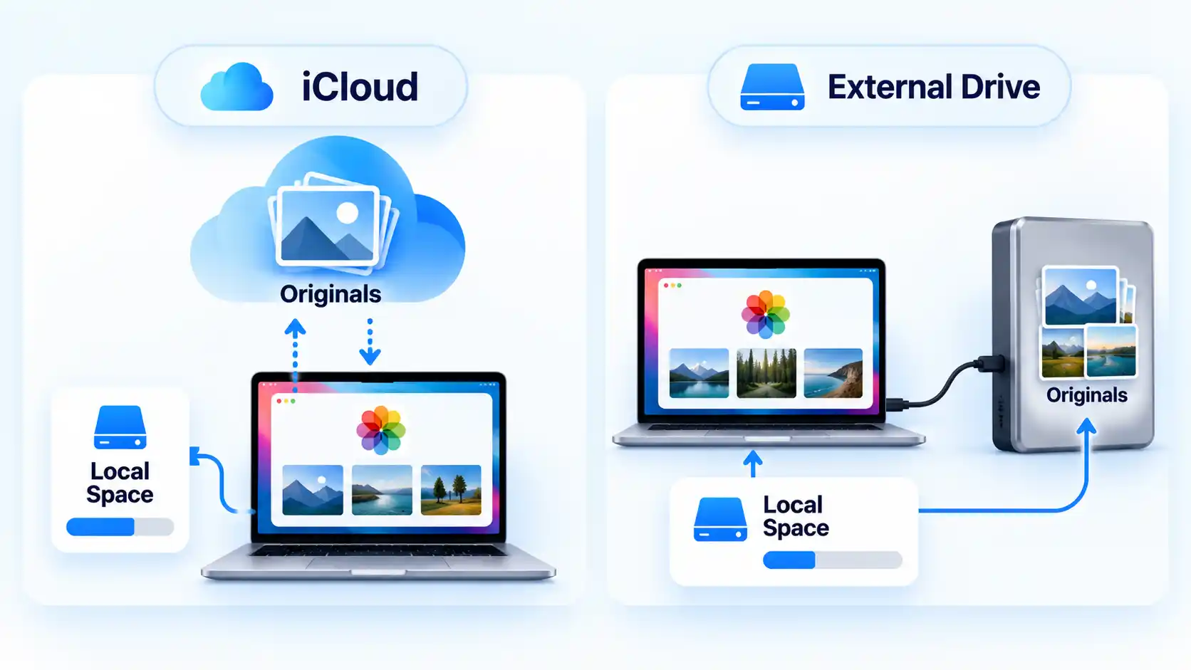 Side-by-side iCloud and External Drive options showing Originals and Local Space for Mac photos.