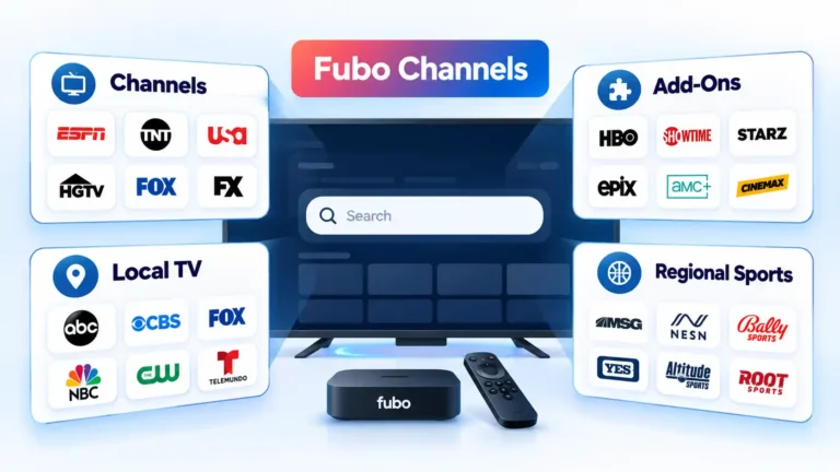 Fubo Channels interface with search bar and cards for Channels, Add-Ons, Local TV, and Regional Sports.