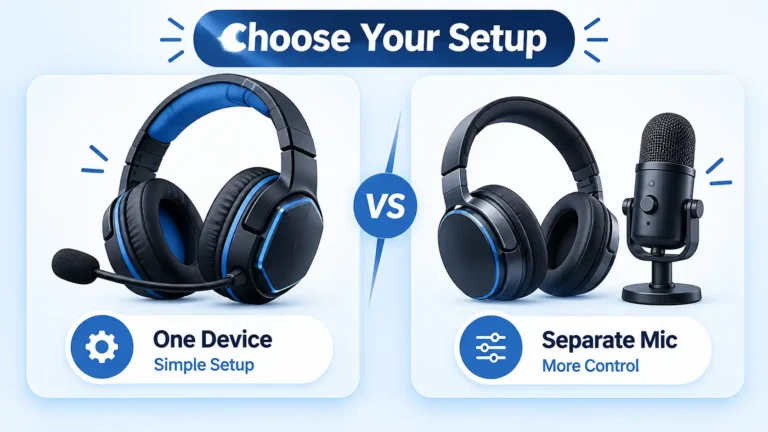 Gaming headset with boom mic compared with headphones and separate mic under Choose Your Setup