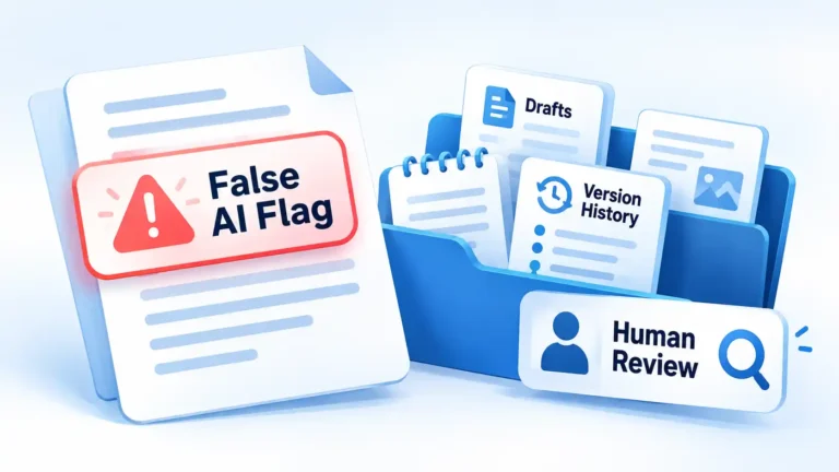 Document with False AI Flag beside a folder containing Drafts and Version History, plus a Human Review card