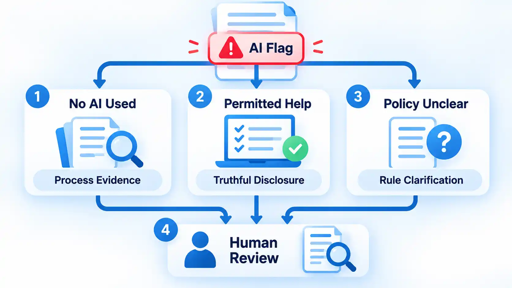 AI Flag branches to No AI Used, Permitted Help, and Policy Unclear paths that converge on Human Review