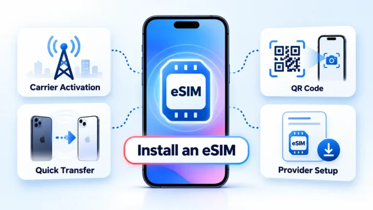 iPhone with eSIM and four setup cards: Carrier Activation, Quick Transfer, QR Code, and Provider Setup.