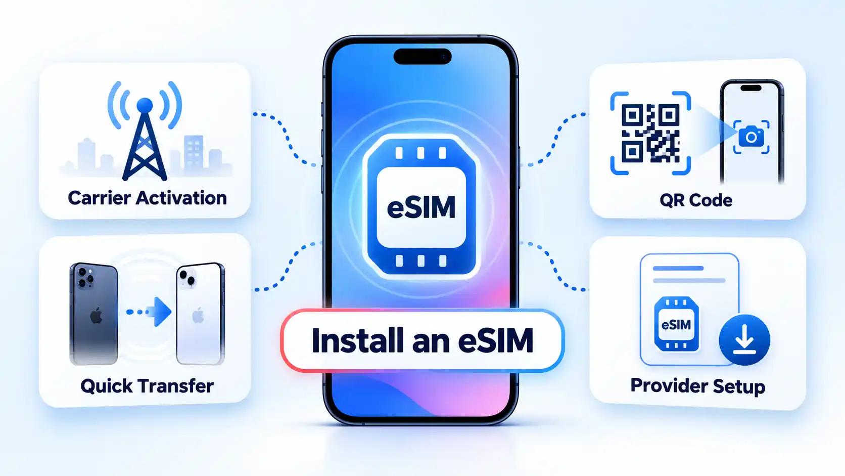 iPhone with eSIM and four setup cards: Carrier Activation, Quick Transfer, QR Code, and Provider Setup.
