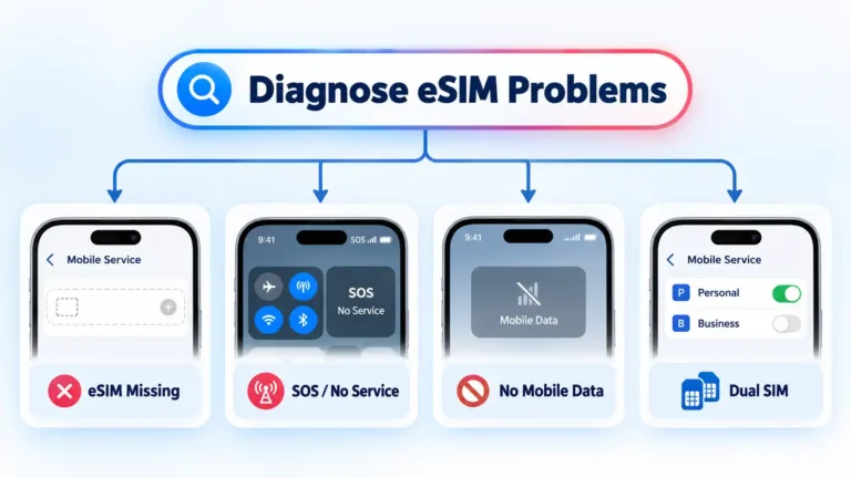 eSIM diagnostic flow branching to eSIM Missing, SOS / No Service, No Mobile Data, and Dual SIM cards.