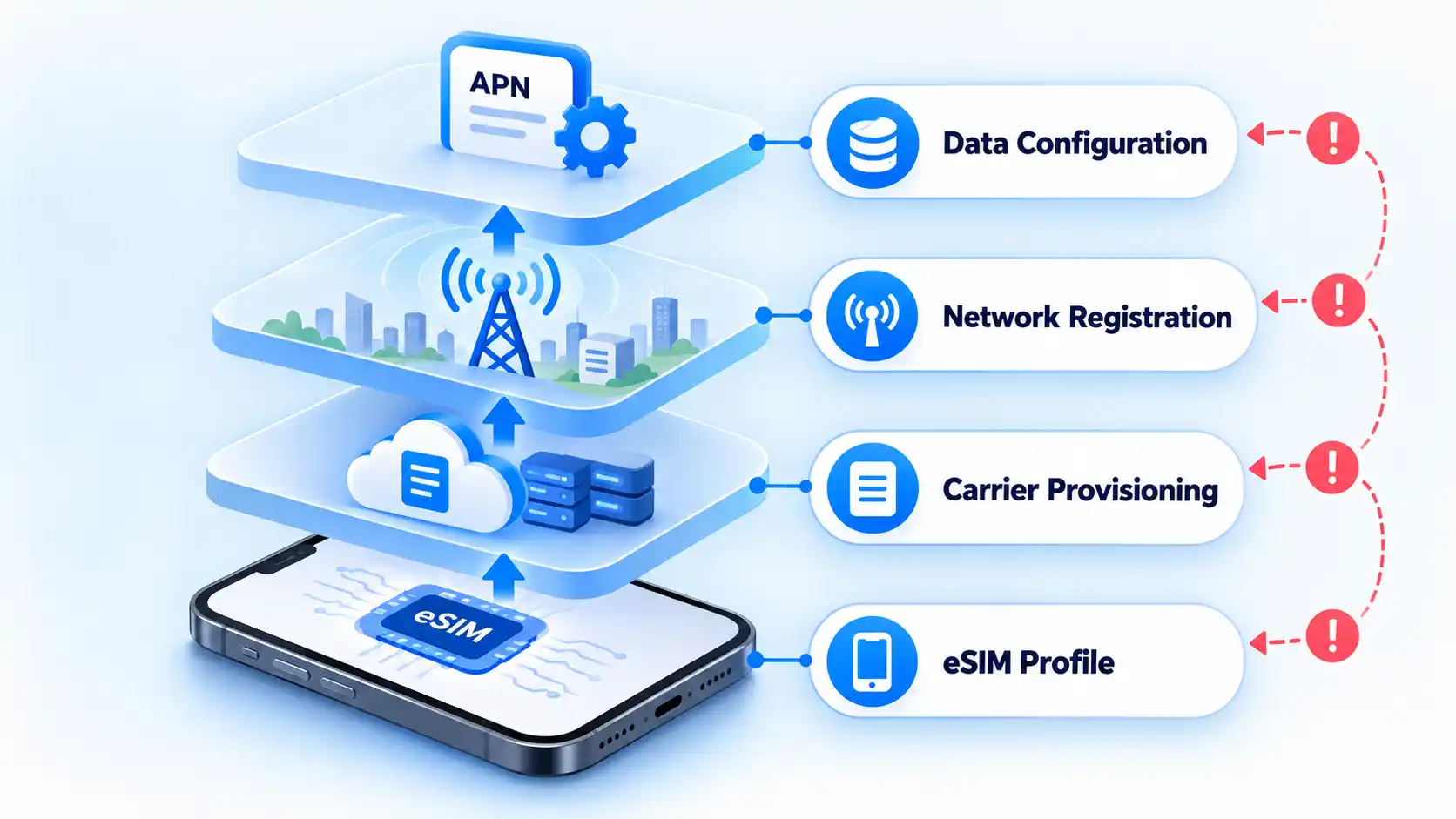 Four eSIM layers show eSIM Profile, Carrier Provisioning, Network Registration, and Data Configuration.