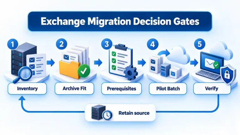 Isometric Exchange migration flow: Inventory, Archive Fit, Prerequisites, Pilot Batch, Verify, and Retain source.