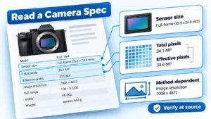 Camera spec sheet with callouts for sensor size, total and effective pixels, method-dependent resolution, and source verification.