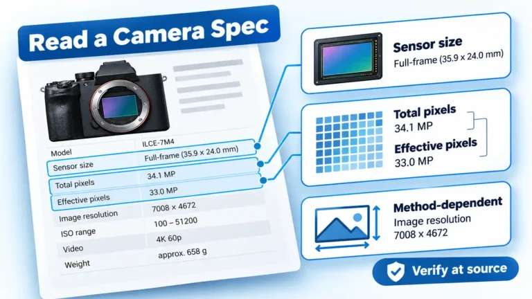 Camera spec sheet with callouts for sensor size, total and effective pixels, method-dependent resolution, and source verification.